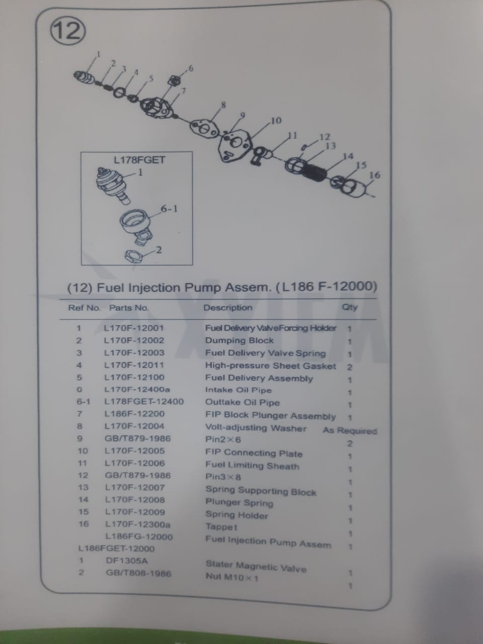  Fuel Injection Pump Assem. (KM186F-12000)